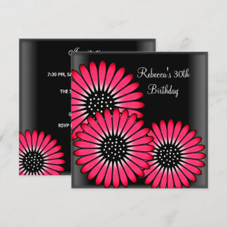 30th Birthday Party Elegant Black Pink Flowers Invitation