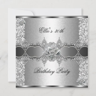 30th Birthday Party Elegant Silver Floral Jewel Invitation