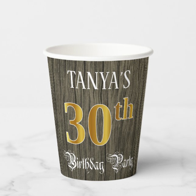30th Birthday Party — Faux Gold & Faux Wood Looks Paper Cups (Back)