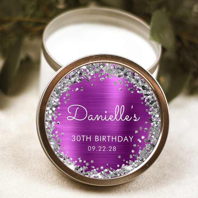 30th Birthday Party Fuchsia Pink Silver Glitter Classic Round Sticker (Creator Uploaded)