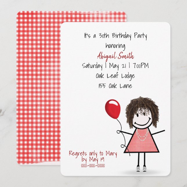 30th Birthday Party Girl with Red Balloon   Invitation (Front/Back)