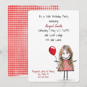 30th Birthday Party Girl with Red Balloon   Invitation