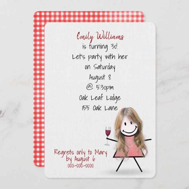 30th Birthday Party Girl with Wine Invitation (Front/Back)