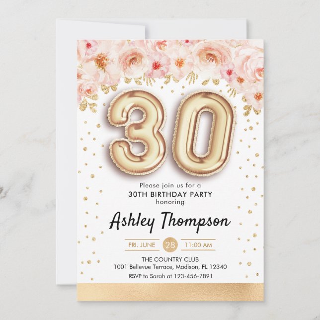 30th Birthday Party - Gold Balloons Invitation (Front)