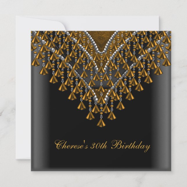 30th Birthday Party Gold Bronze Beads Black Invitation (Front)