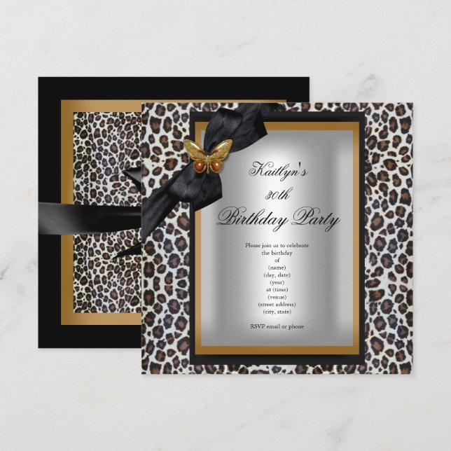 30th Birthday Party Gold Cheetah Black Butterfly Invitation (Front/Back)