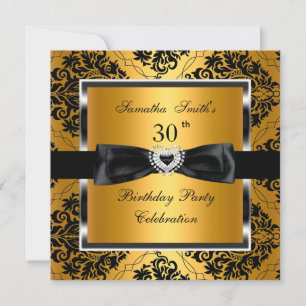 30th Birthday Party Gold Damask Silver Black Invitation