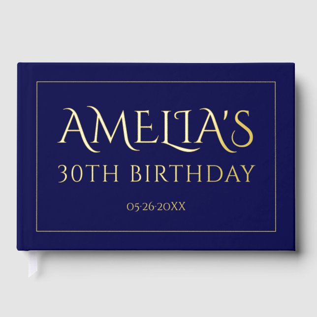 30th birthday party gold foil border navy blue guest book (Front)