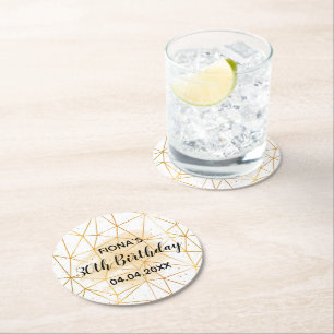 30th birthday party gold geometric white monogram round paper coaster