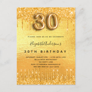 30th birthday party gold glitter drips invitation postcard