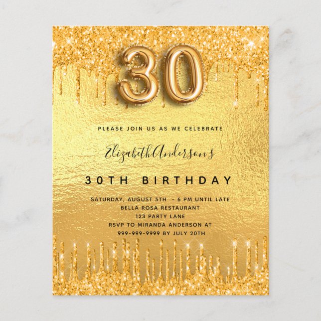 30th birthday party gold glitter invitation (Front)