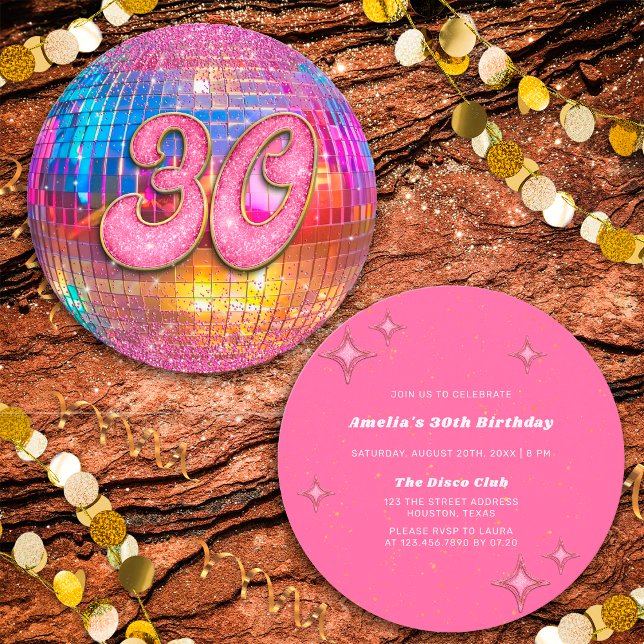 30th Birthday Party Gold Pink Glitter Disco Ball Invitation (Front/Back)