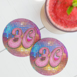 30th Birthday Party Gold Pink Glitter Disco Ball Round Paper Coaster