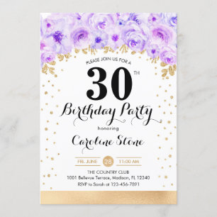30th Birthday Party - Gold Purple Flowers Invitation