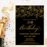 30th Birthday Party Gold Rose Floral Black Invitation<br><div class="desc">Elegant open line gold roses create the perfect top border. The black background gives in a dramatic vibe and the calligraphy adds a luxe touch. This invitation is part of the Luxe Gold Rose Collection. It contains templates for birthday suite stationery,  welcome signs and party decorations.</div>