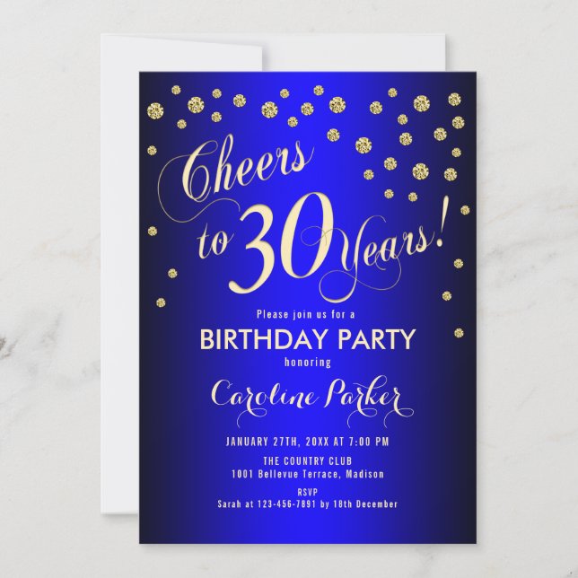 30th Birthday Party - Gold Royal Blue Invitation (Front)