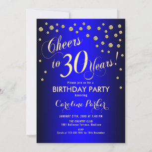 30th Birthday Party - Gold Royal Blue Invitation