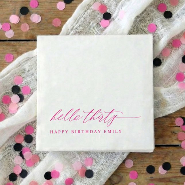 30th Birthday Party Hello 30 Modern Pink Napkin (Pink hello 30 elegant script 30th birthday party napkins)