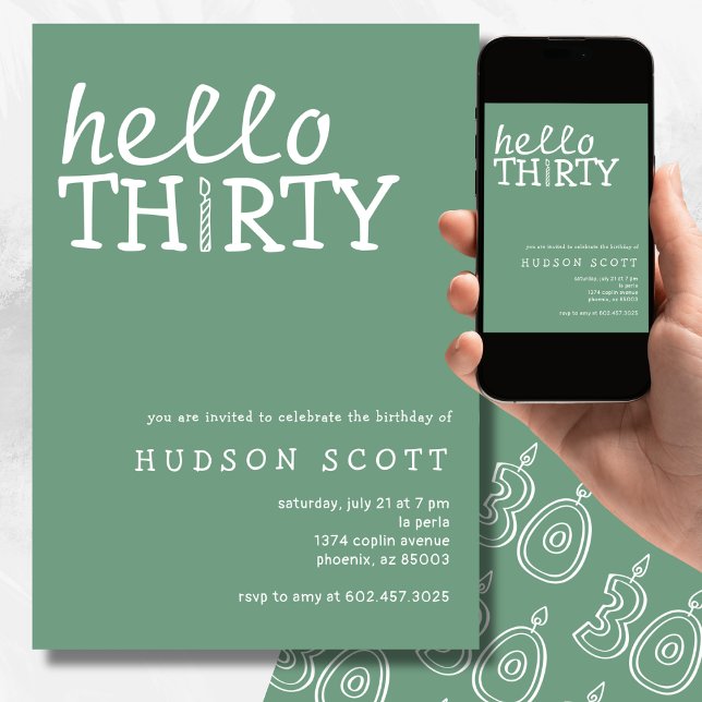  30th Birthday Party Hello Thirty Sage Green Invitation (Creator Uploaded)