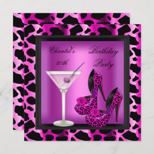 30th Birthday Party Hot Pink Leopard Martini Invitation