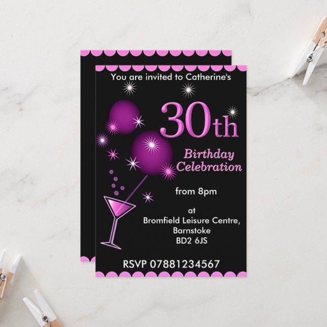 30th Birthday Party Invitation - Cocktail Glass (Front/Back In Situ)