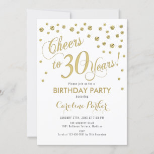 30th Birthday Party Invitation - Gold White