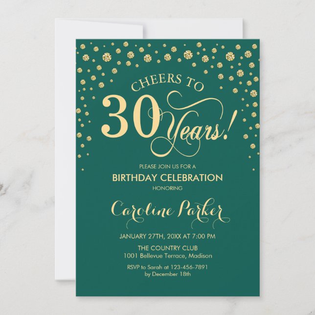 30th Birthday Party Invitation - Green Gold (Front)