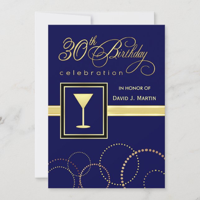 30th Birthday Party Invitations - Blue & Gold (Front)