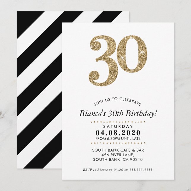 30TH BIRTHDAY PARTY INVITE modern gold glitter (Front/Back)