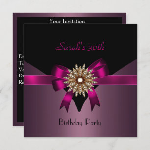 30th Birthday Party Jewel Bow Black Purple Pink Invitation