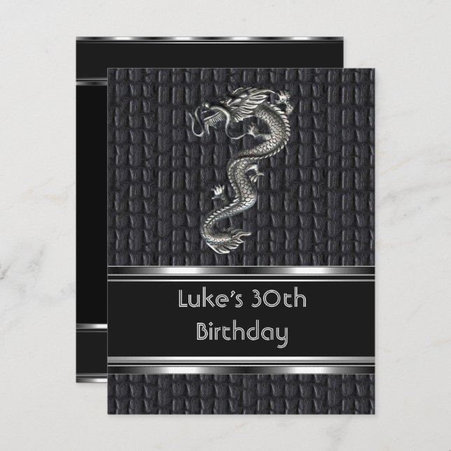 30th Birthday Party Leather Metal Silver Mans Invitation (Front/Back)