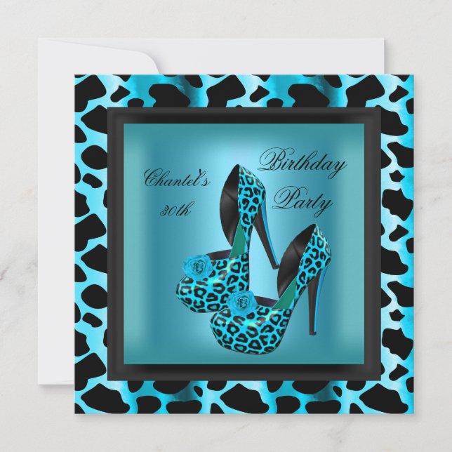 30th Birthday Party Leopard Teal Blue Invitation (Front)