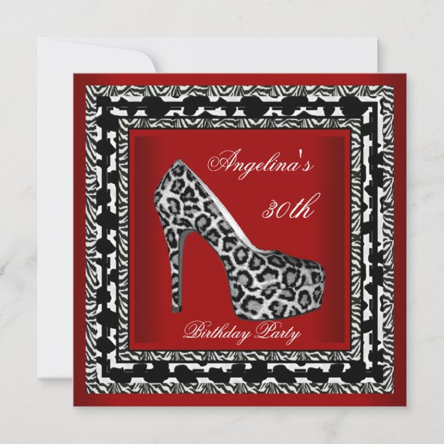 30th Birthday Party Leopard Wild Black White Red Invitation (Front)