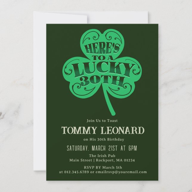 30th Birthday Party Lucky Shamrock Irish Invitation (Front)