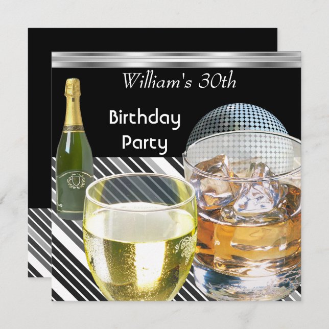 30th Birthday Party Mens Drinks Black Silver Man Invitation (Front/Back)