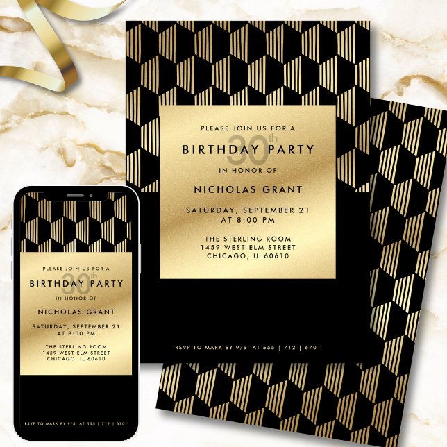 30th Birthday Party Modern Black and Gold Foil Invitation (Creator Uploaded)