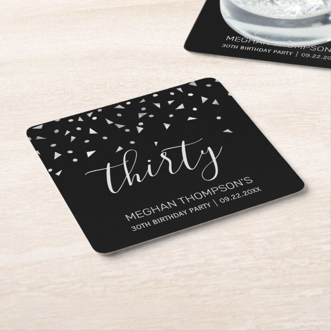 30th Birthday Party Modern Black Silver Confetti Square Paper Coaster (Angled)