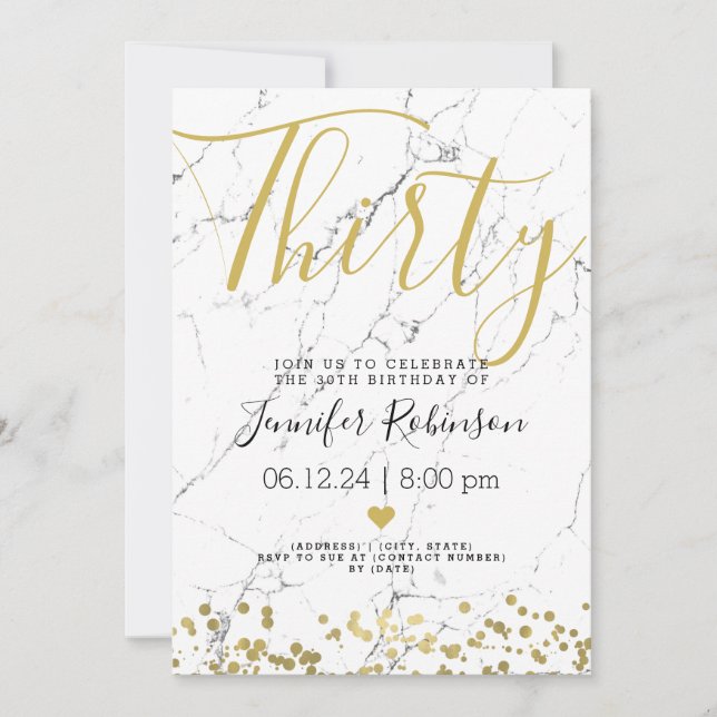 30th Birthday Party Modern Gold & Marble Invitation (Front)