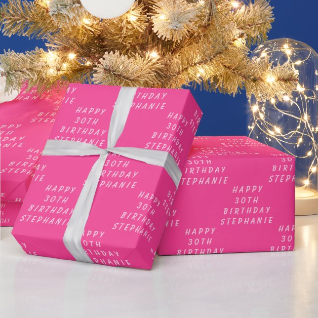 30th Birthday Party Name Hot Pink Modern Pattern Wrapping Paper (Holidays)