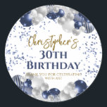 30th Birthday Party Navy Balloons Classic Round Sticker<br><div class="desc">A gorgeous 30th birthday party or celebration favour sticker. This fabulous navy blue and silver balloons design is the perfect  way to decorate your favour bags for an 30th celebration or thirtieth birthday party.</div>
