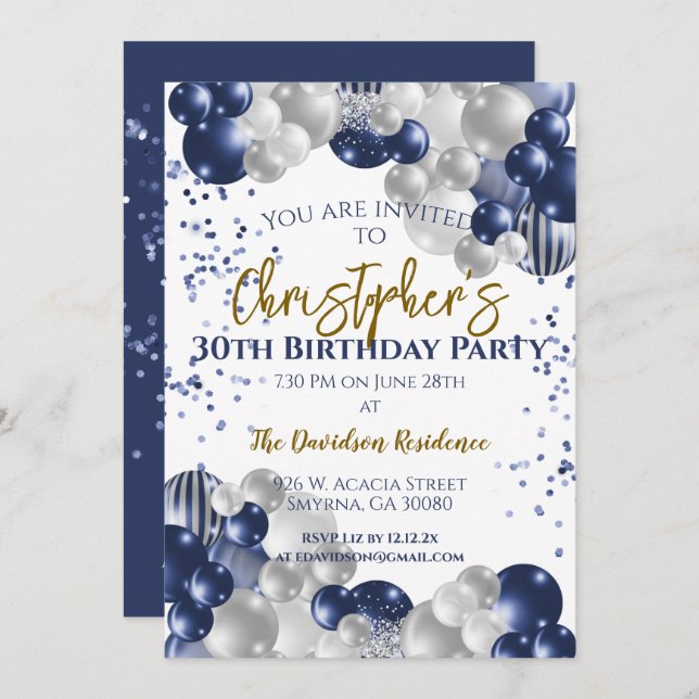 30th Birthday Party Navy Balloons Invitation (Front/Back)