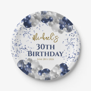 30th Birthday Party Navy Balloons Paper Plate
