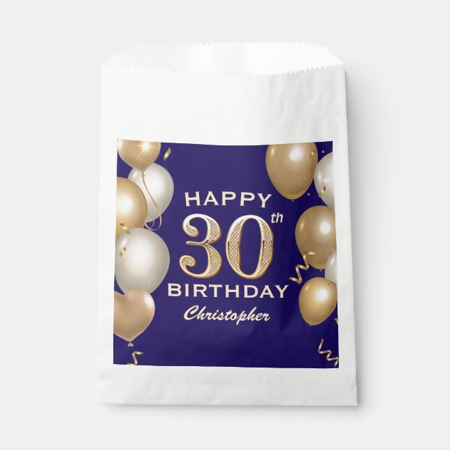30th Birthday Party Navy Blue and Gold Balloons Favour Bag (Front)