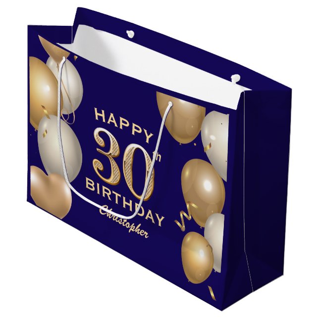 30th Birthday Party Navy Blue and Gold Balloons Large Gift Bag (Front Angled)