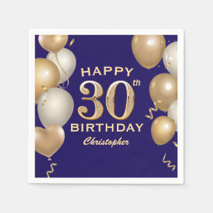 30th Birthday Party Navy Blue and Gold Balloons Napkin