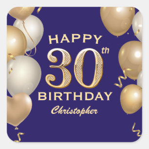 30th Birthday Party Navy Blue and Gold Balloons Square Sticker