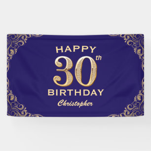 30th Birthday Party Navy Blue and Gold Glitter Banner