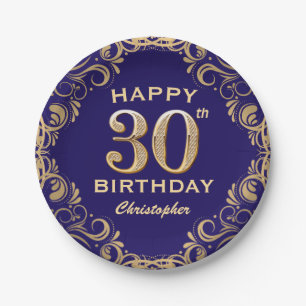 30th Birthday Party Navy Blue and Gold Glitter Paper Plate