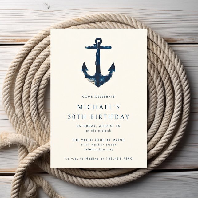 30th Birthday Party Navy Blue Nautical Anchor Invitation (Creator Uploaded)