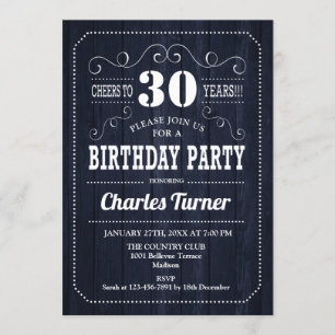 30th Birthday Party - Navy Wood Pattern Invitation